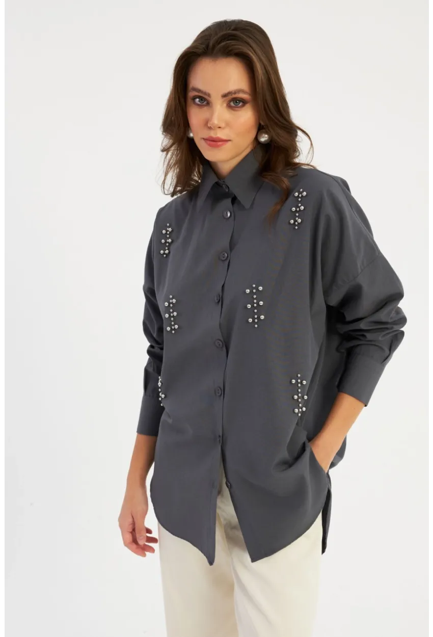 Kadın Antrasit Zımbalı Gömlek MASF1