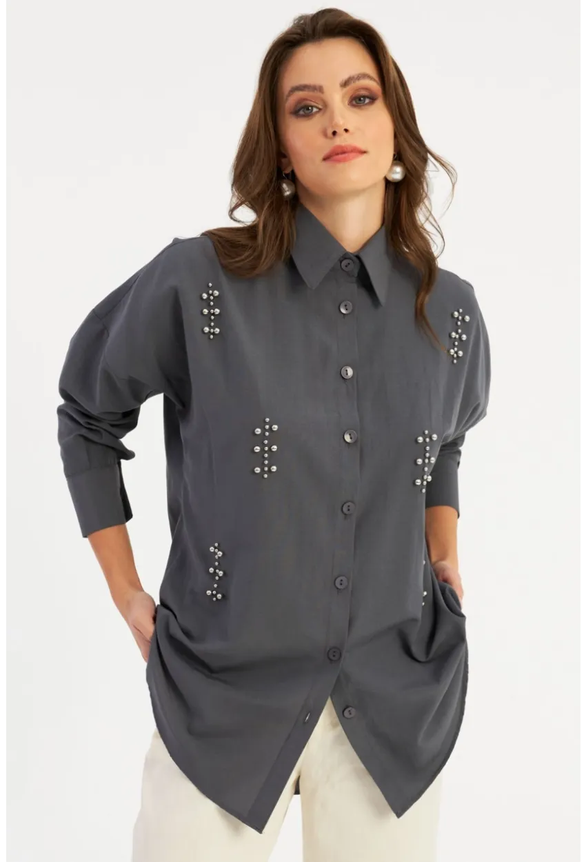 Kadın Antrasit Zımbalı Gömlek MASF1