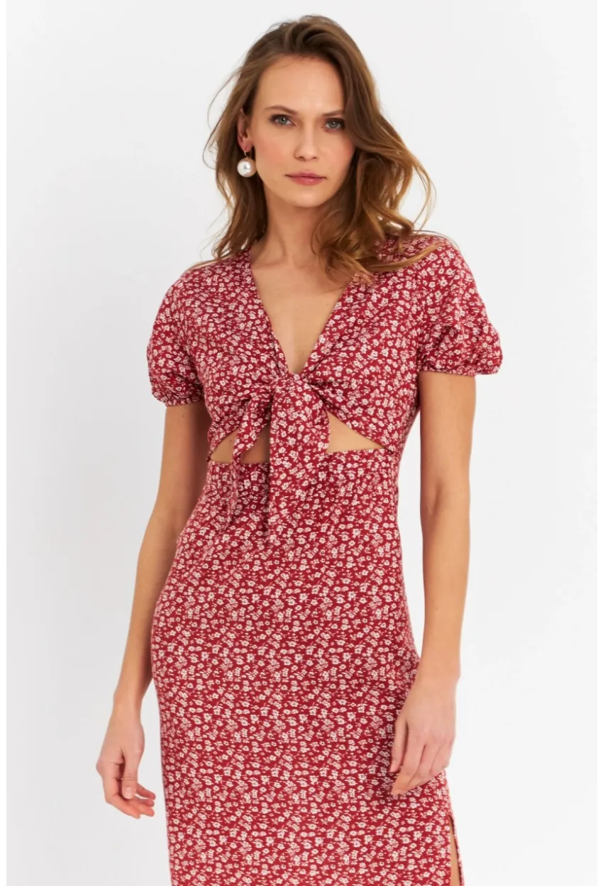 Kadın Badem Düğümlü Pencereli Midi Elbise Q1002