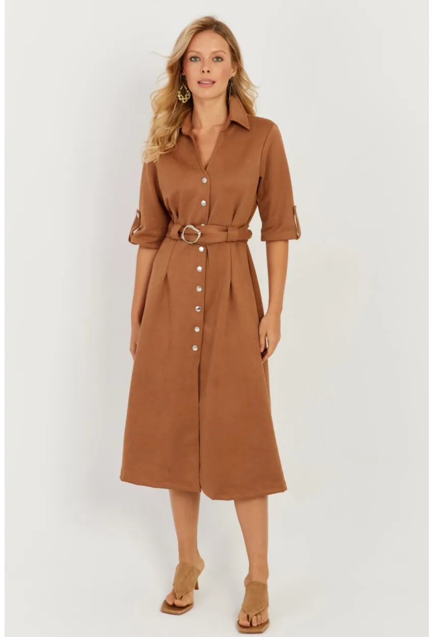 Kadın Badem Nubuk Midi Gömlek Elbise KED4023