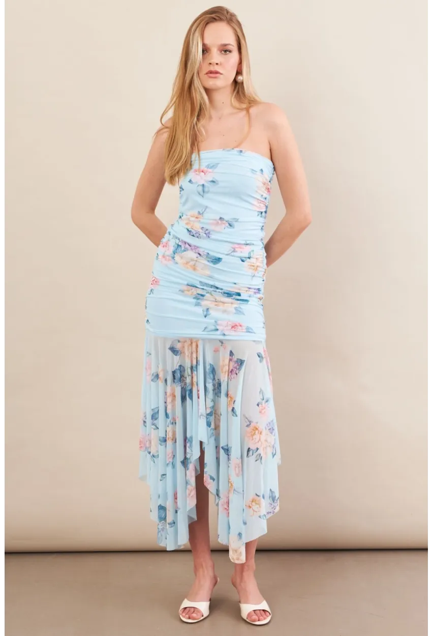 Kadın Bebe Mavi Drapeli Straplez Midi Tül Elbise ERL101