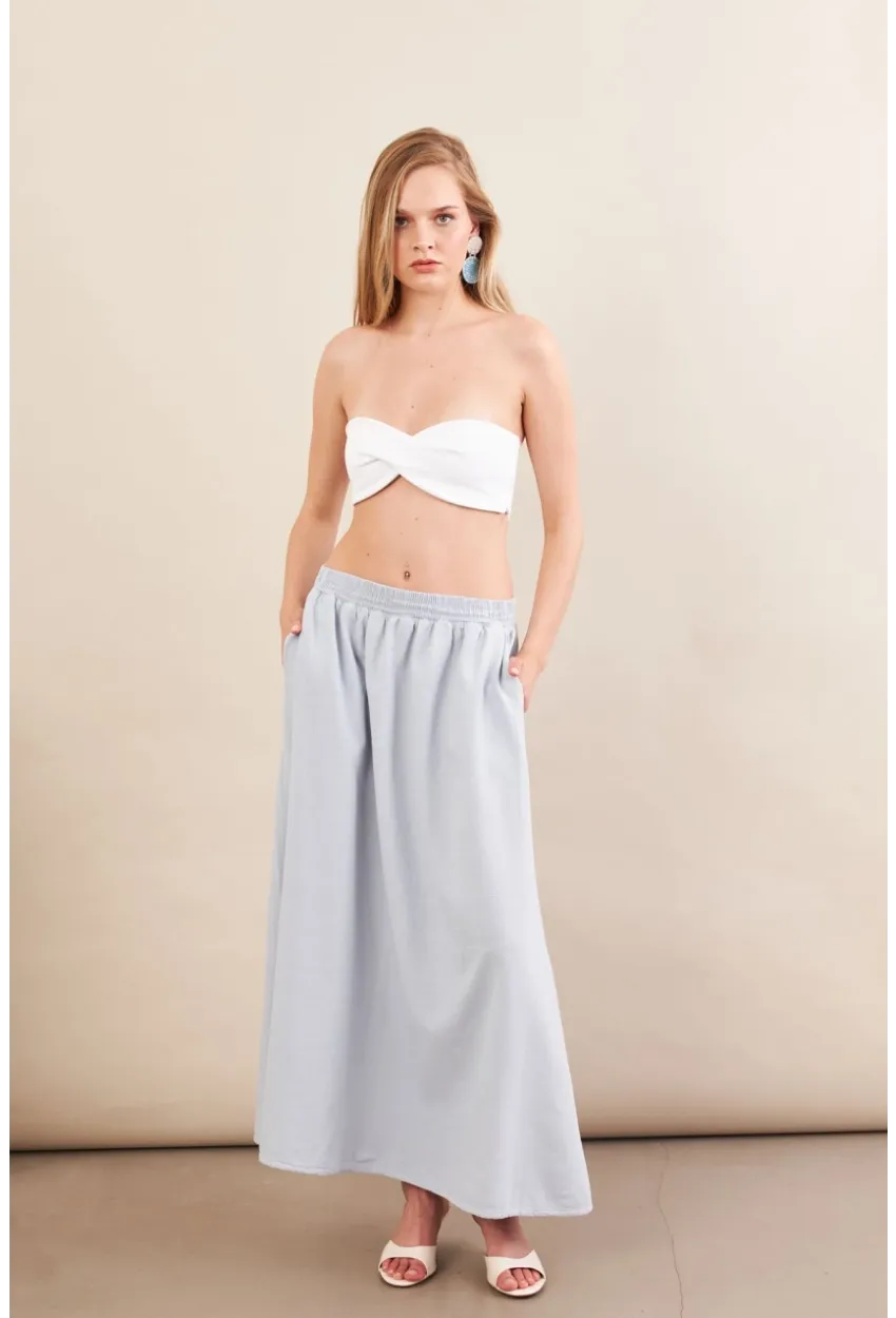 Kadın Bebe Mavi Keten Cepli Midi Etek RSP4440
