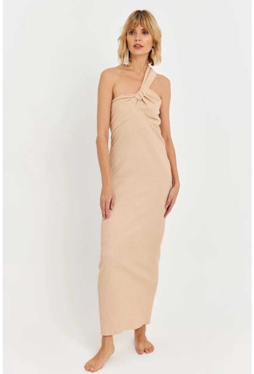 Kadın Bej Asimetrik Yaka Maxi Elbise NH25455