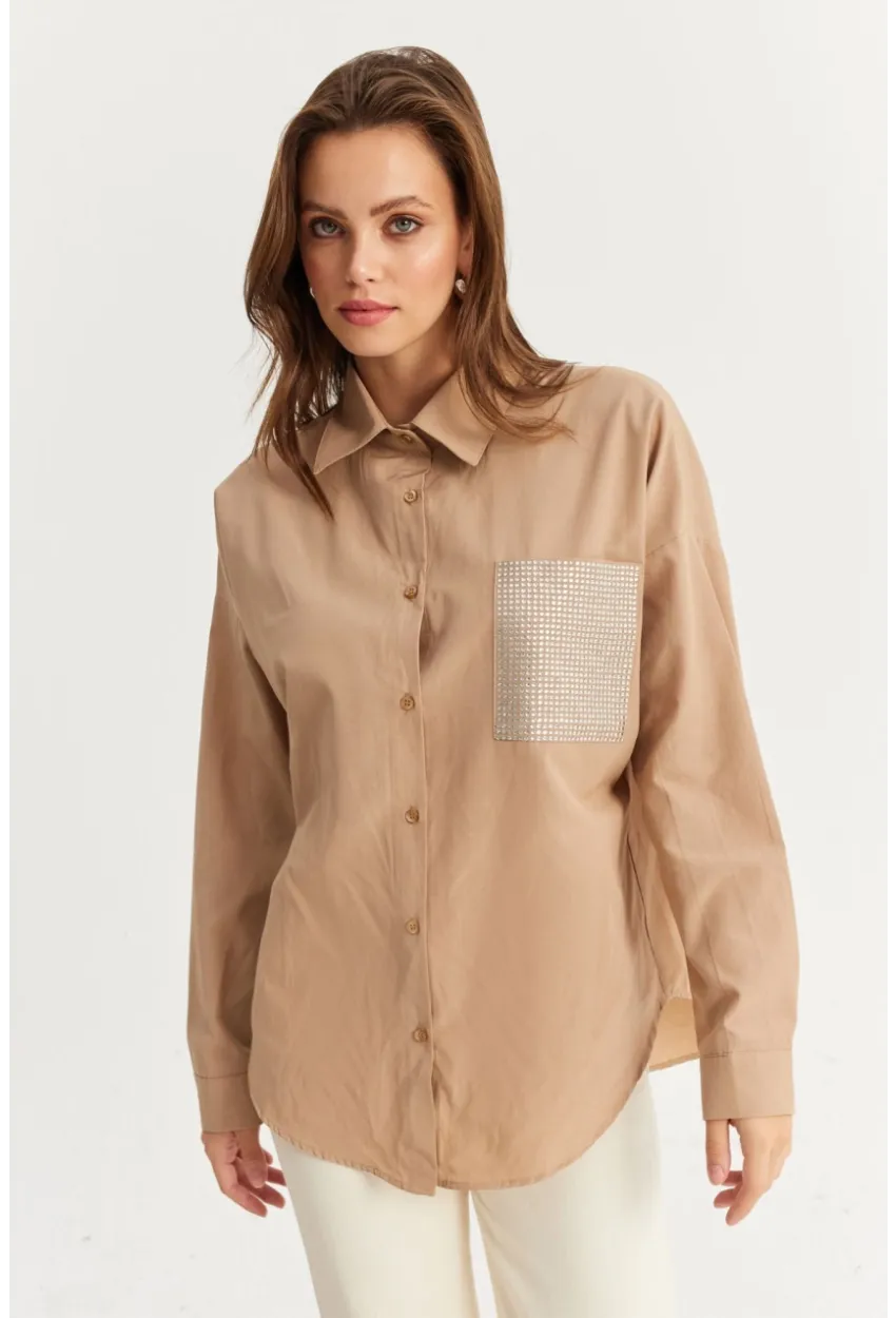 Kadın Bej Cepli Taşlı Gömlek ZER414