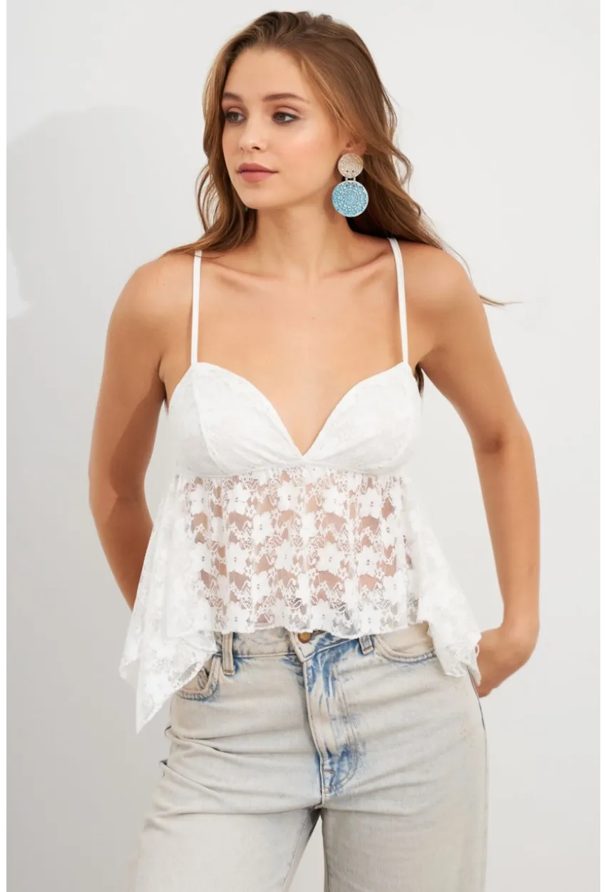 Kadın Beyaz Askılı Dantel Crop Bluz MTK13458