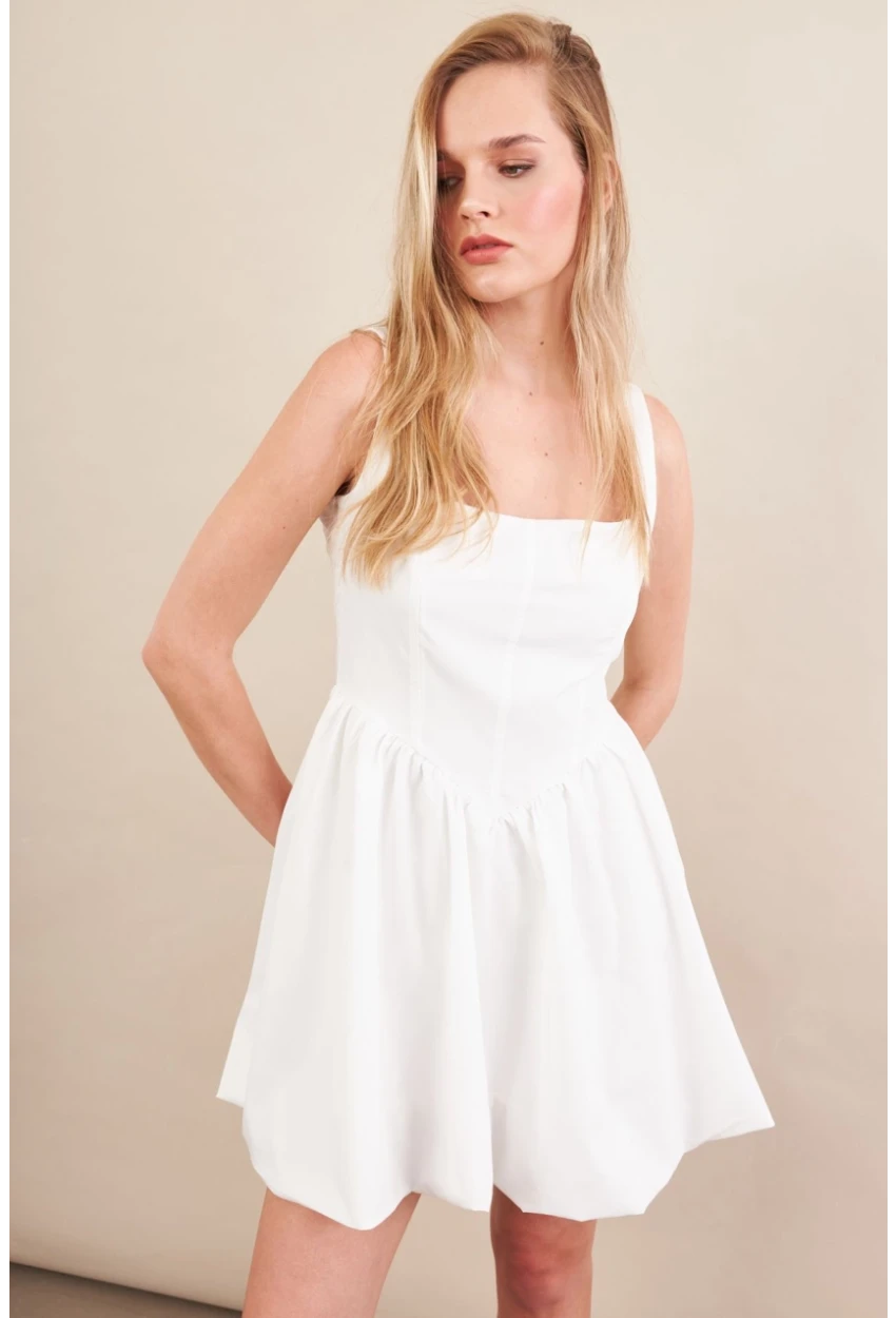 Kadın Beyaz Askılı Mini Balon Elbise ERL105