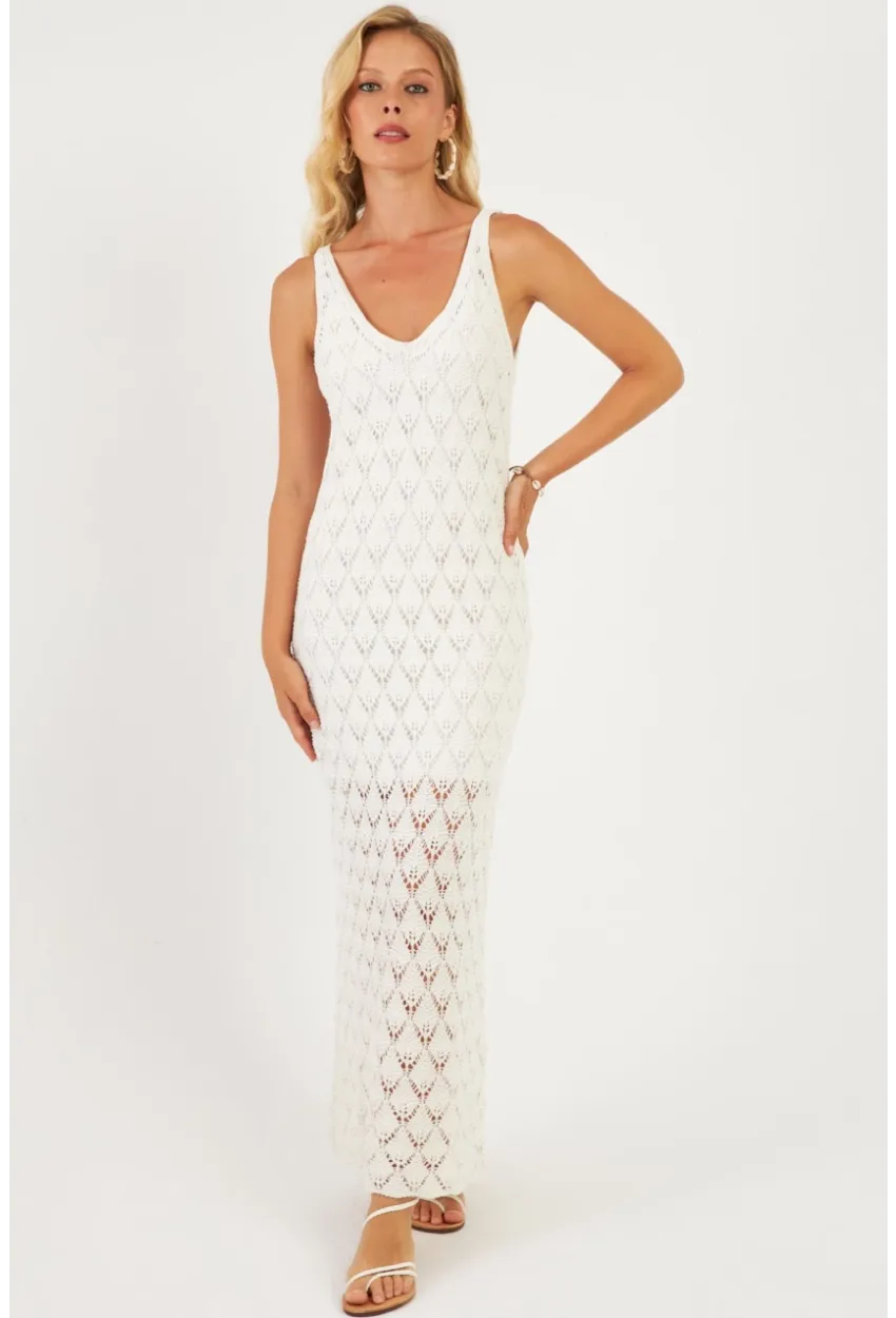 Kadın Beyaz Astarlı Triko Maxi Elbise KZ3211