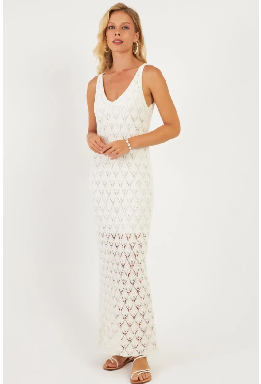 Kadın Beyaz Astarlı Triko Maxi Elbise KZ3211