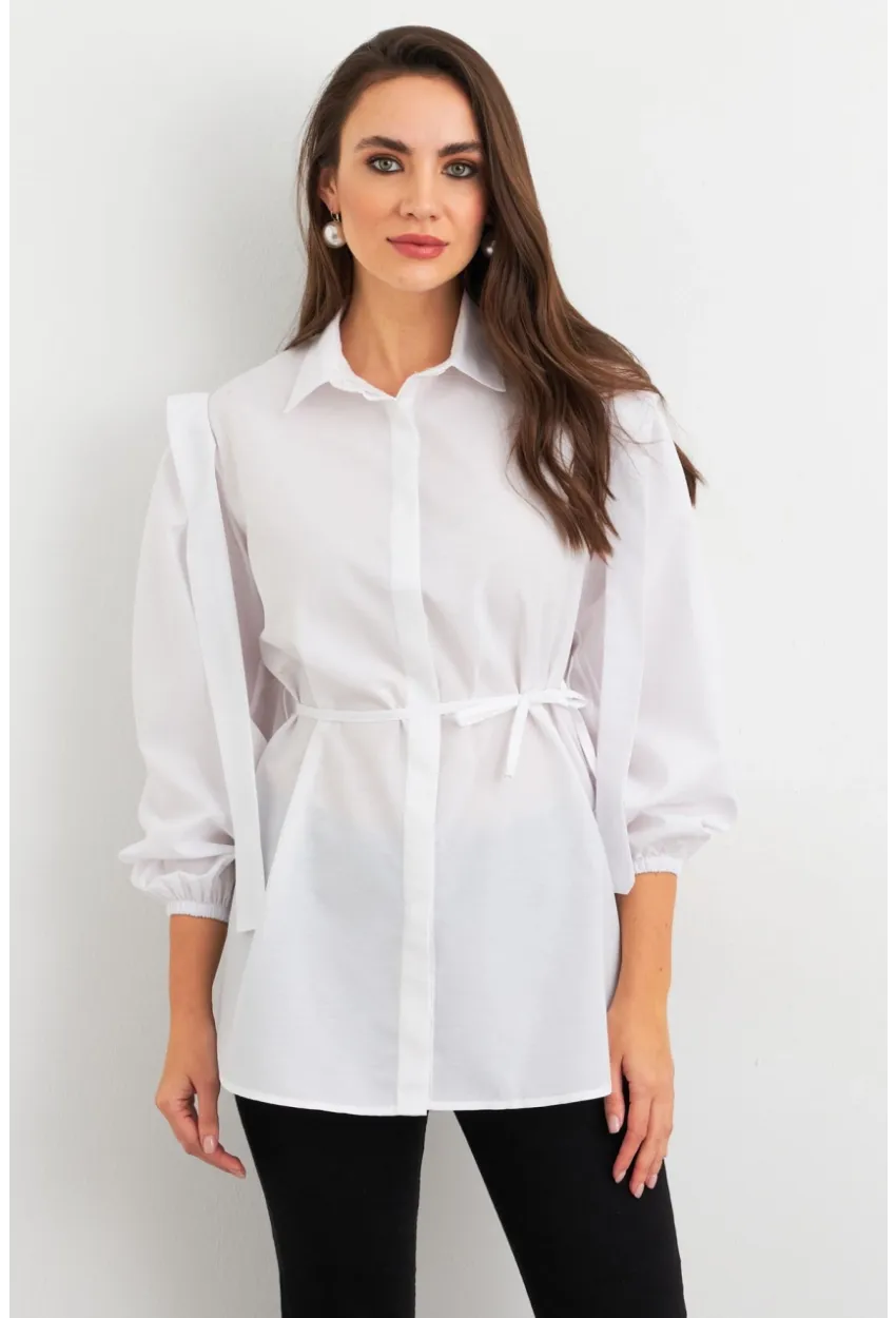 Kadın Beyaz Bağlama Detaylı Basic Gömlek MASF185