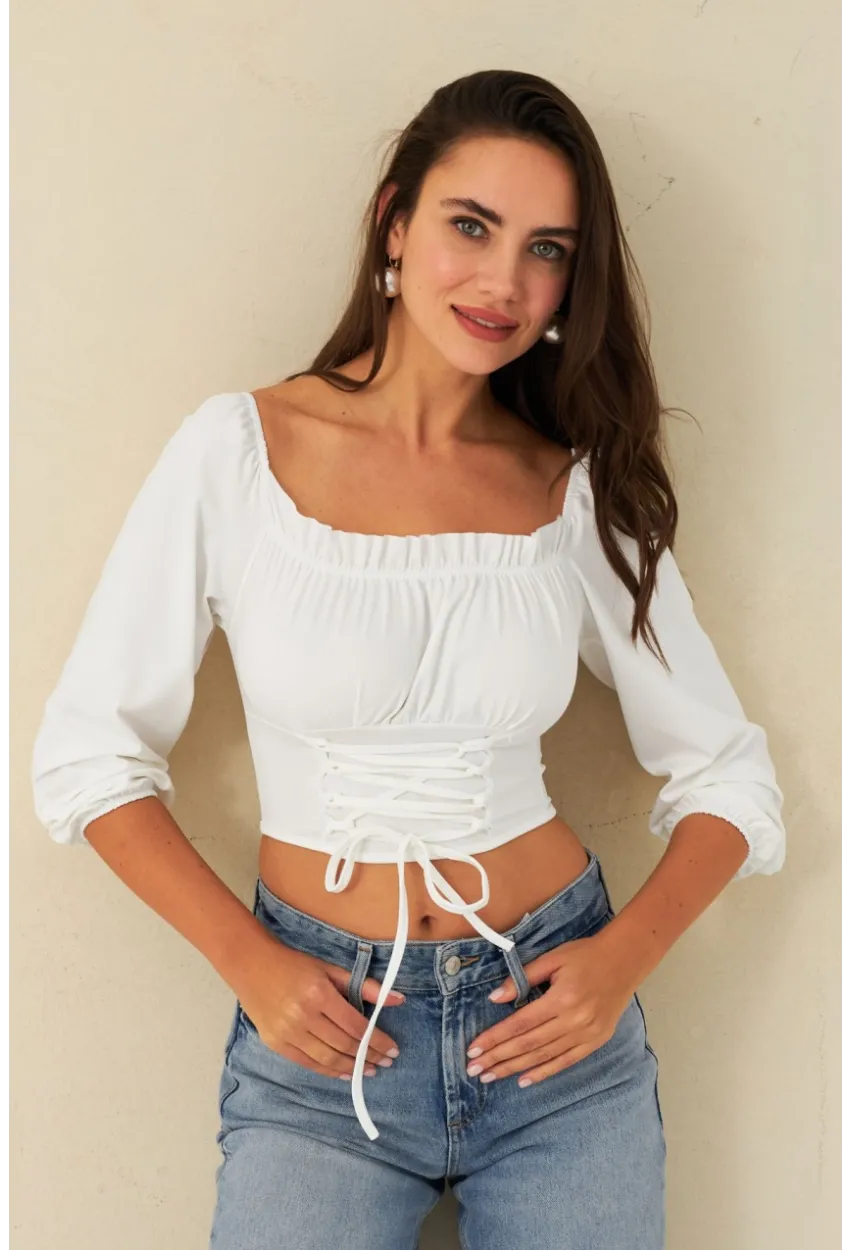 Kadın Beyaz Bağlama Detaylı Crop Bluz CG387
