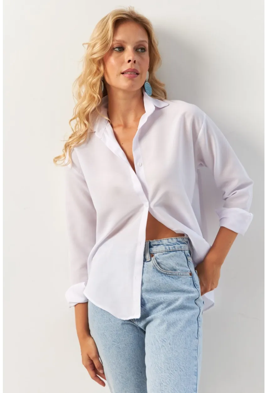 Kadın Beyaz Basic Gömlek HNT02