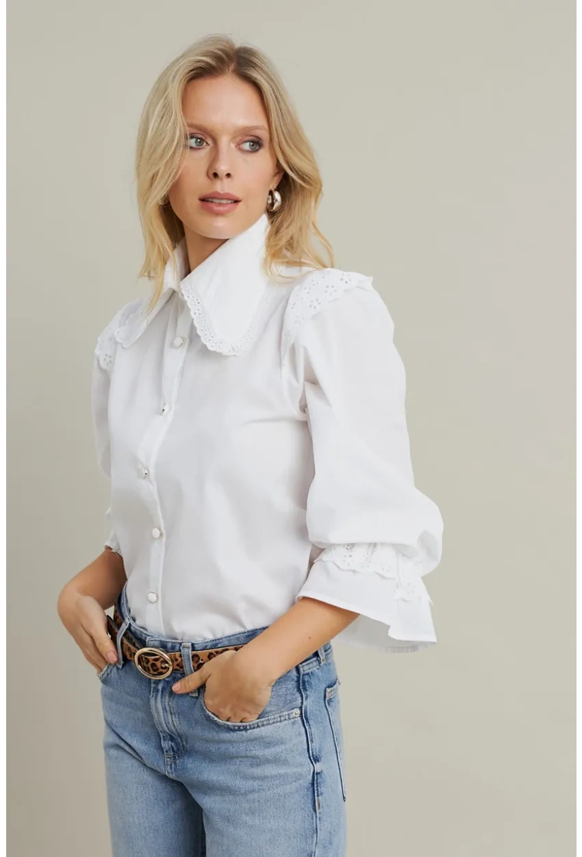 Kadın Beyaz Bebe Yaka Dantelli Gömlek MQS1839