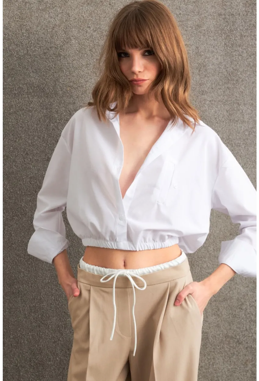 Kadın Beyaz Beli Lastikli Gömlek ELT3835