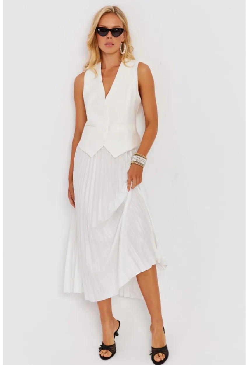 Kadın Beyaz Beli Lastikli Pilise Etek OW145