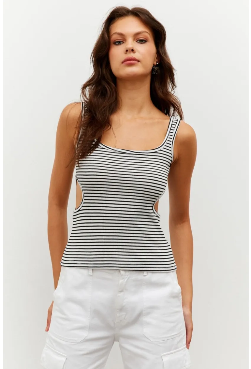 Kadın Beyaz Beli Pencereli Çizgili Kısa Bluz PP7364