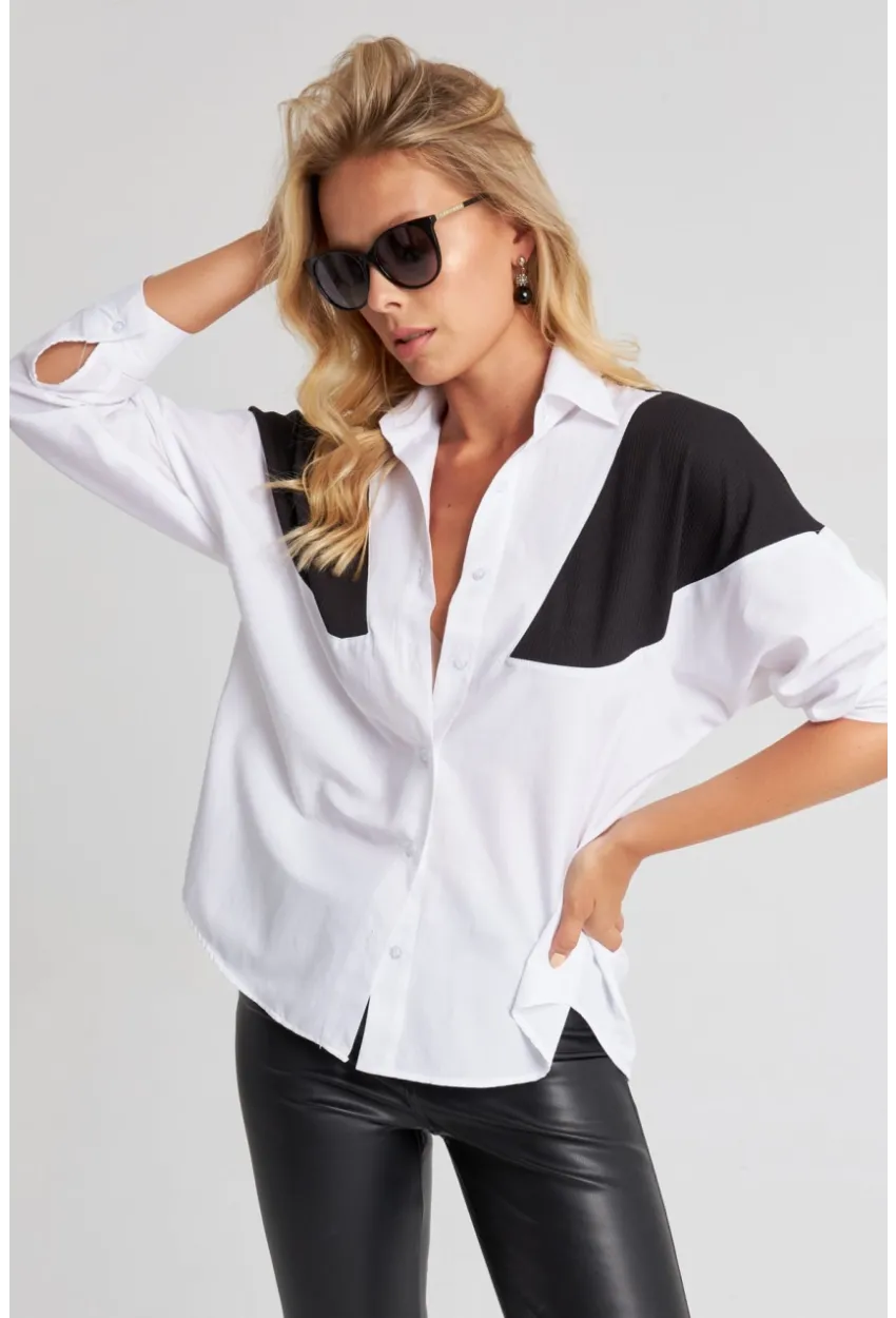 Kadın Beyaz Bloklu Gömlek ROT1005