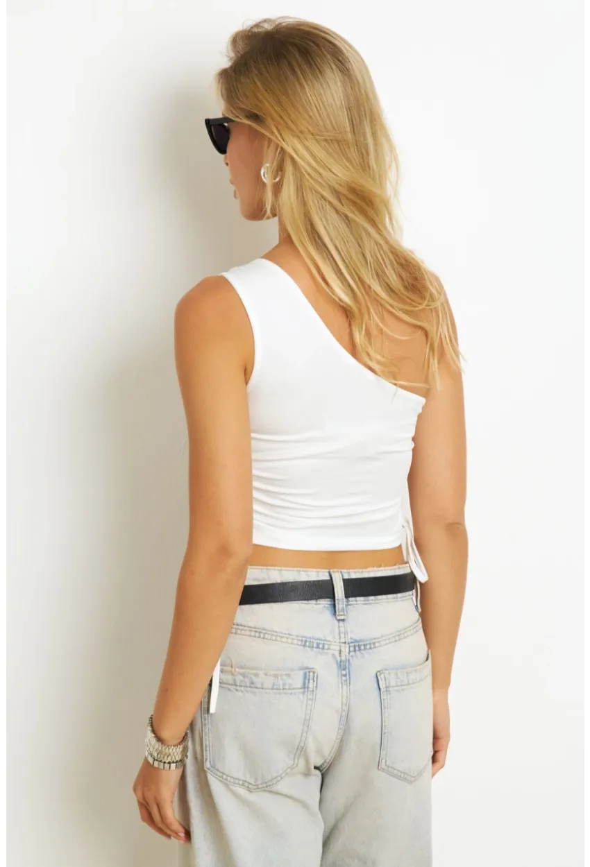 Kadın Beyaz Büzgülü Crop Bluz CG352