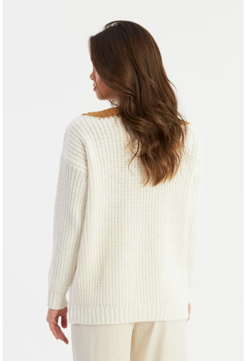 Kadın Beyaz-Camel V Yaka Triko Kazak SMT2434