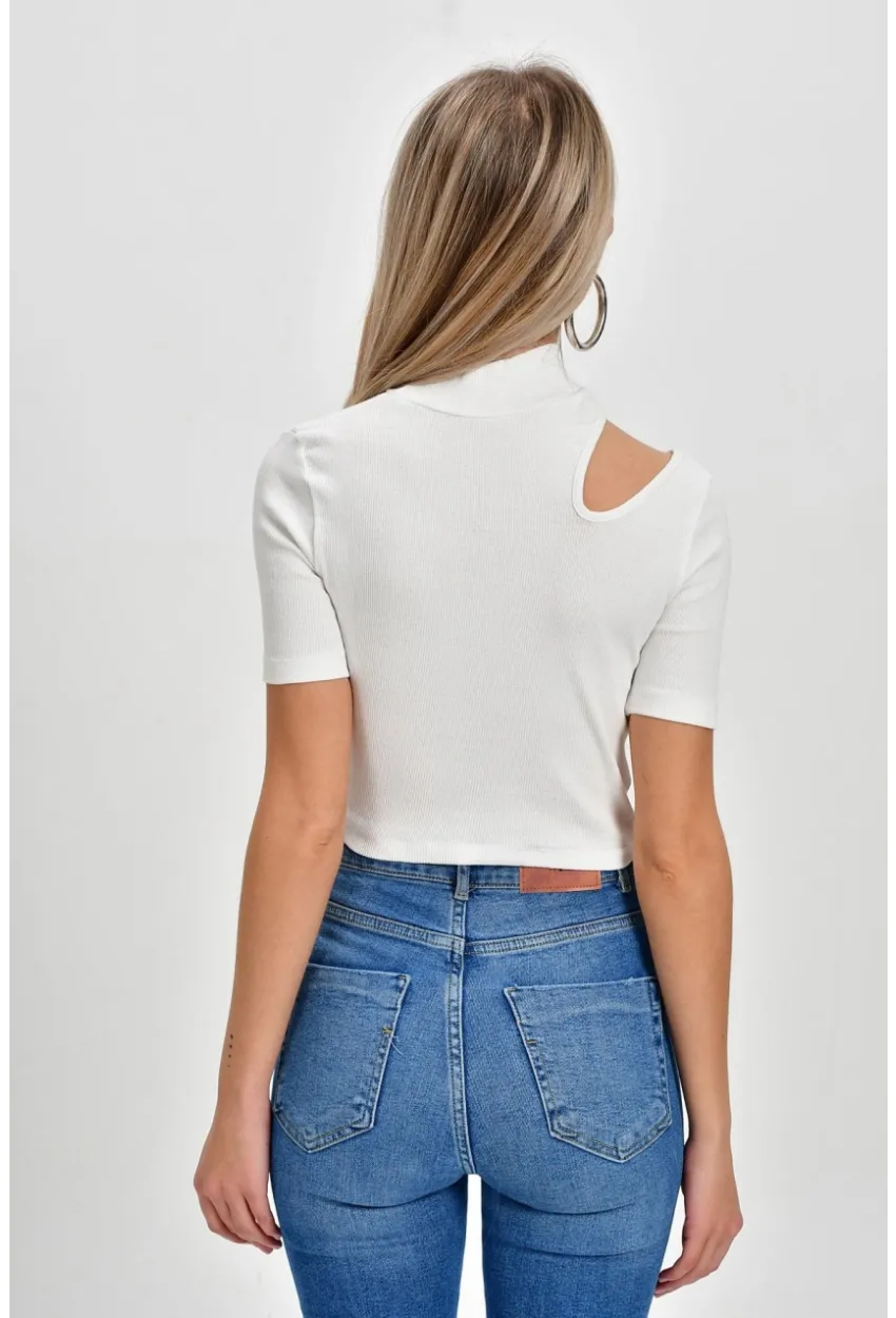 Kadın Beyaz Çapraz Yaka Kaşkorse Kısa Bluz B74