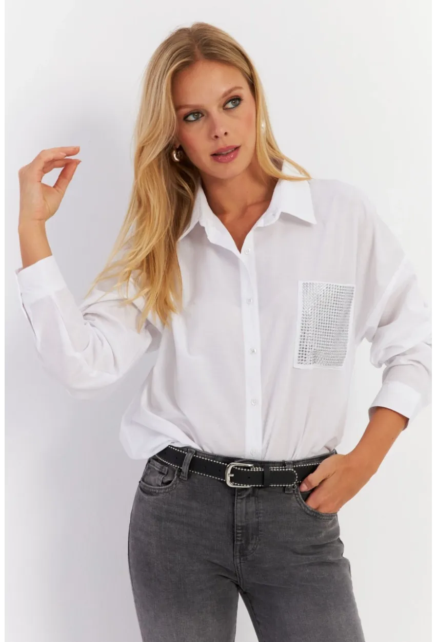 Kadın Beyaz Cepli Taşlı Gömlek MZER414