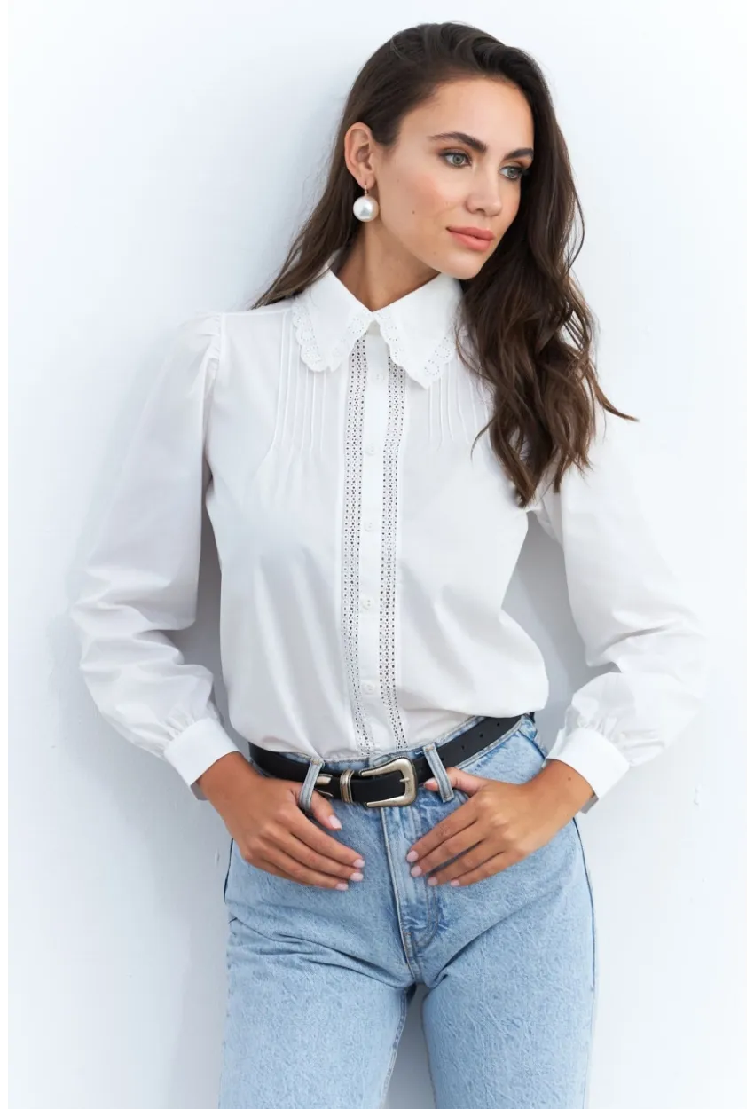 Kadın Beyaz Dantelli Balon Kol Gömlek MQS2492