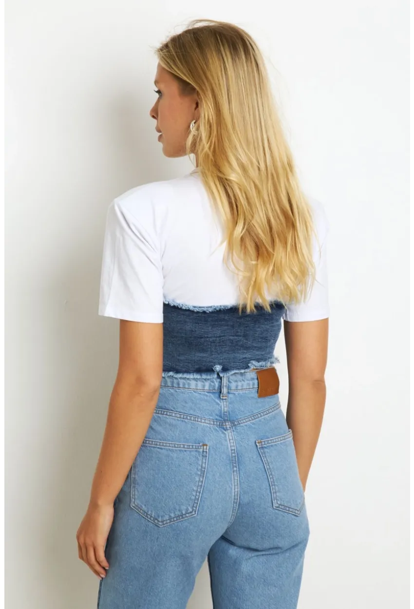 Kadın Beyaz Denim Bloklu Vatkalı  Bluz YZ636