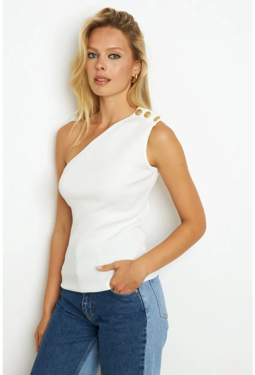 Kadın Beyaz Düğme Detaylı Kaşkorse Bluz EY2711
