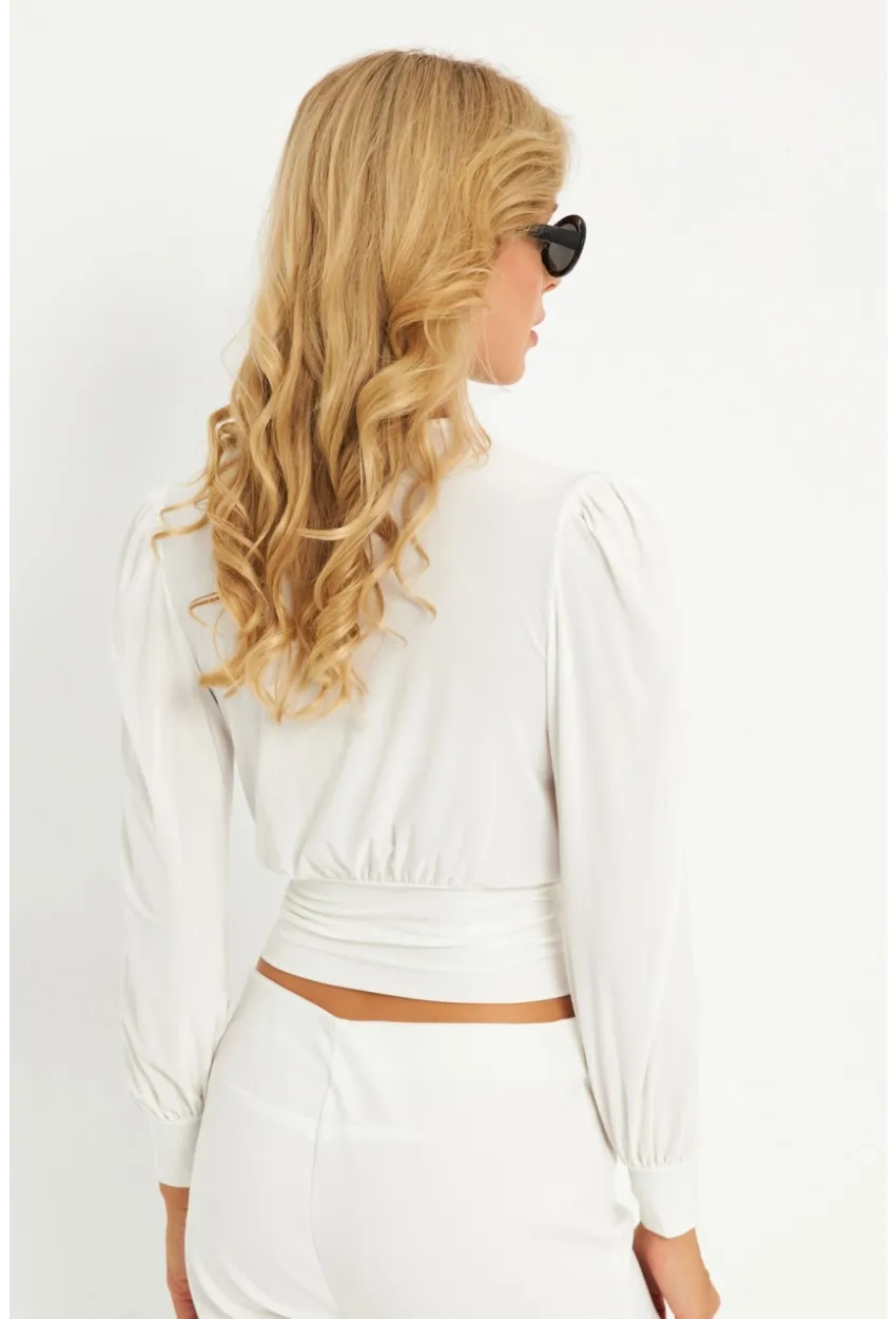 Kadın Beyaz Düğme Detaylı Kruvaze Bluz ELT3188