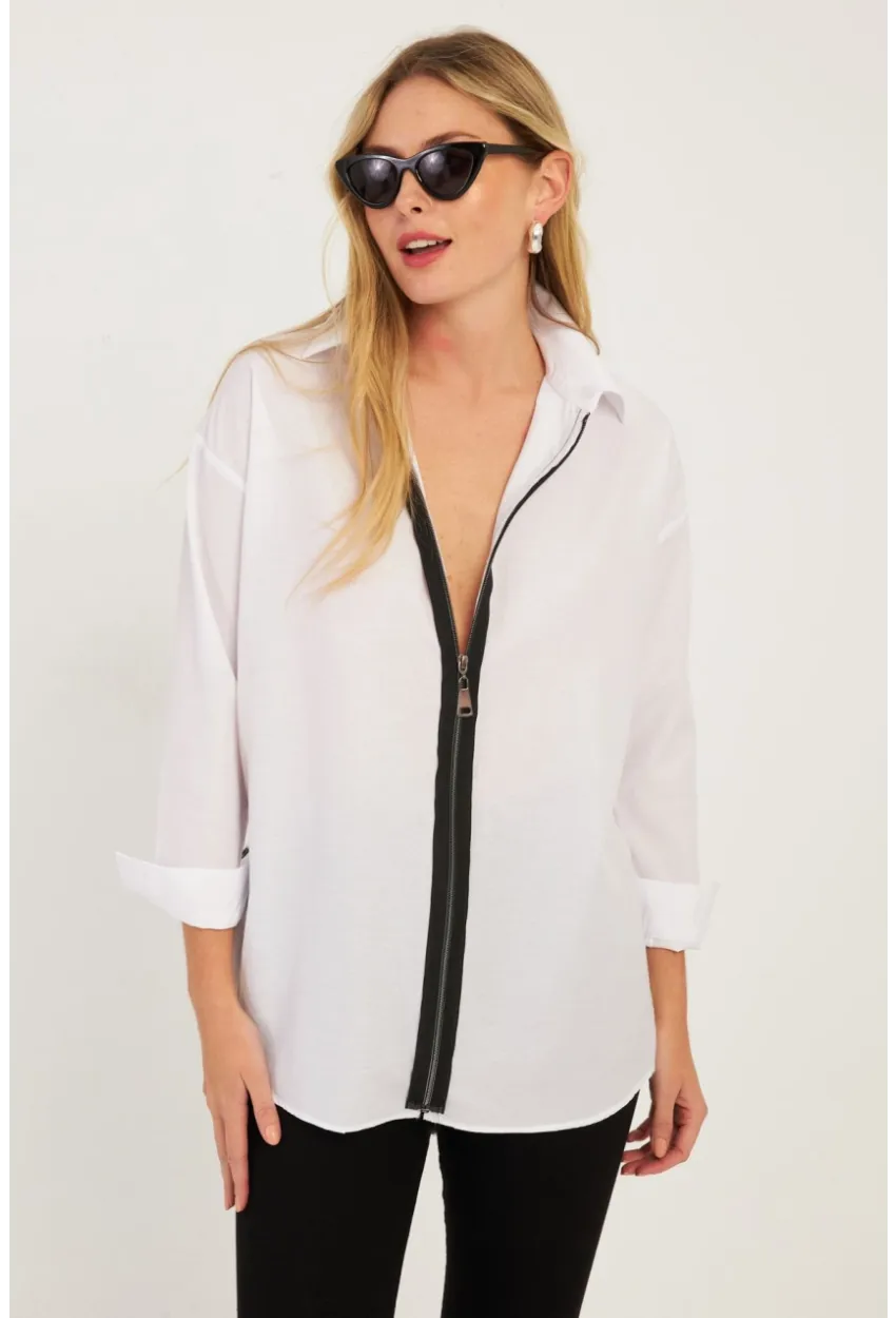Kadın Beyaz Fermuarlı Gömlek  KPN08