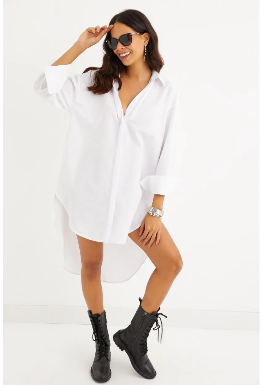Kadın Beyaz Gizli Düğmeli Tunik Gömlek Elbise SF1292