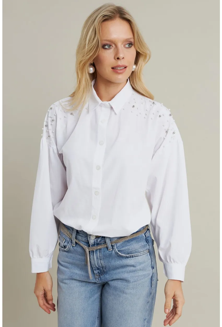 Kadın Beyaz İncili Balon Kol Gömlek MASF16
