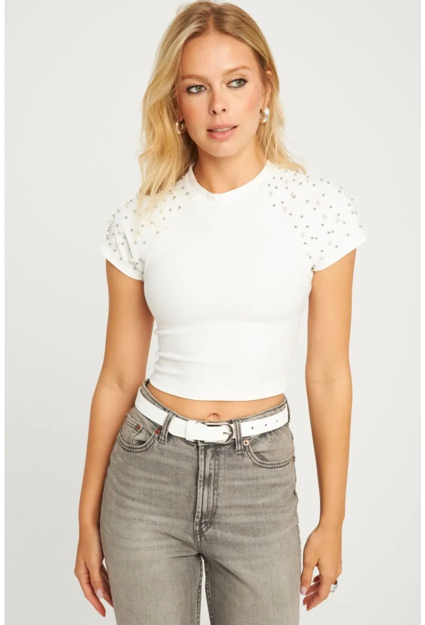 Kadın Beyaz İncili Kısa Bluz HOL2112