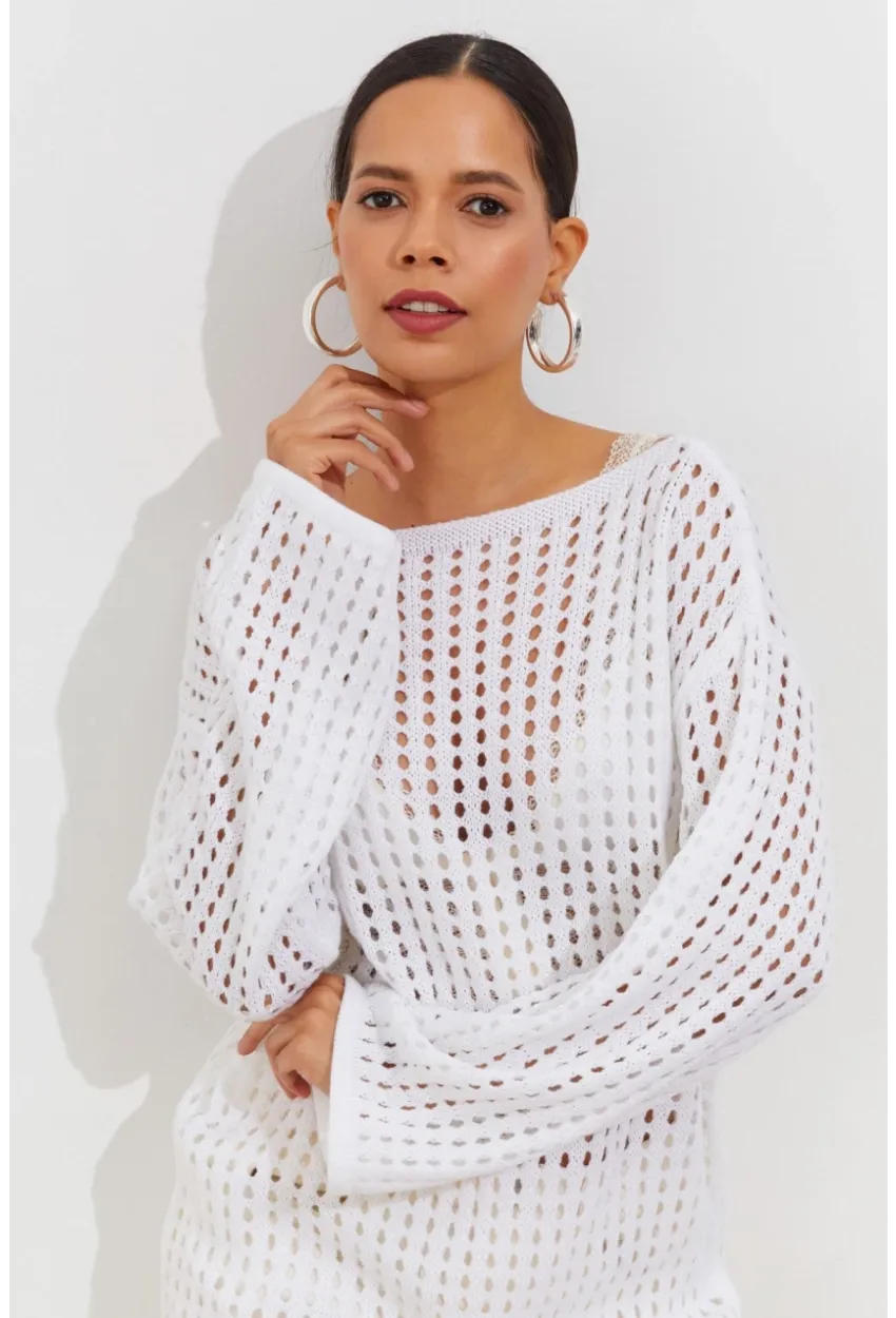 Kadın Beyaz İspanyol Kol Ajurlu Triko Uzun Bluz SMT198