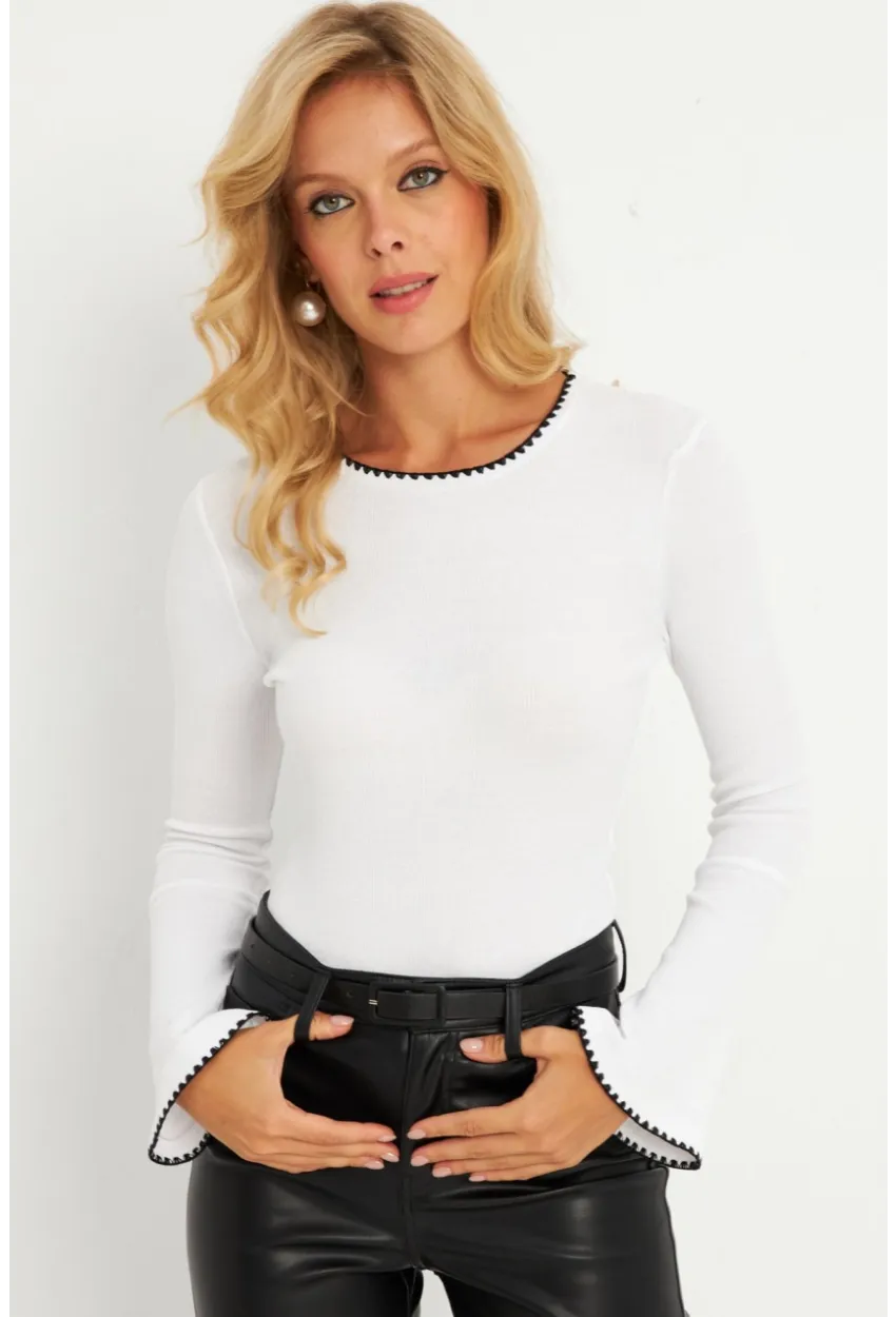 Kadın Beyaz İspanyol Kol Biyeli Kaşkorse Bluz MXL14