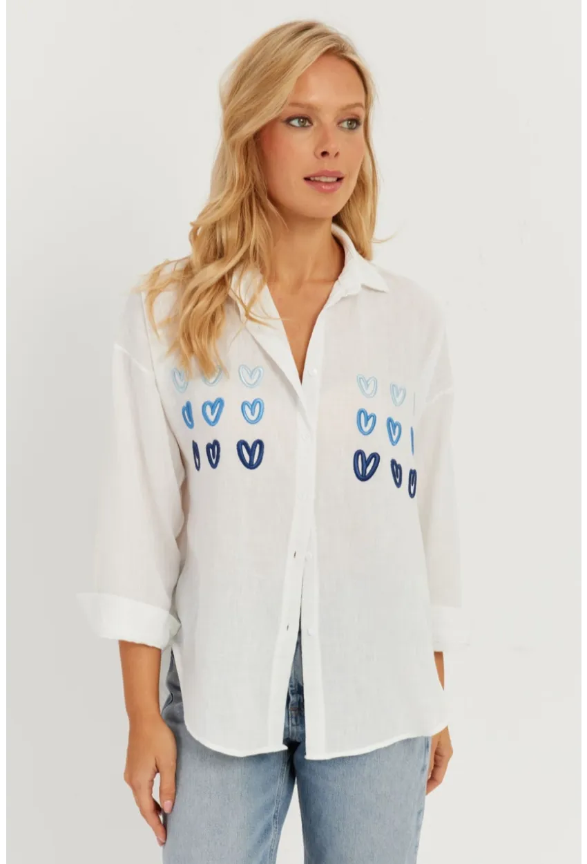 Kadın Beyaz Kalp Nakışlı Gömlek PP5391