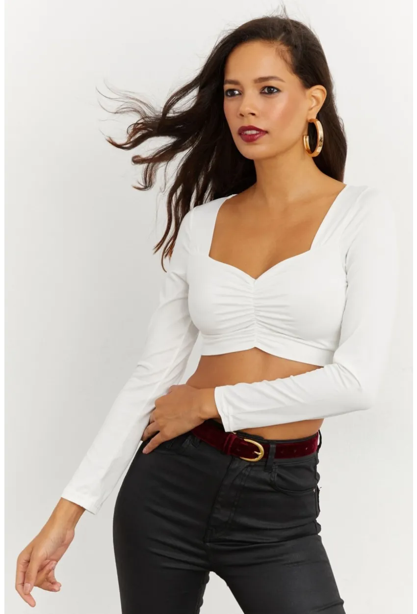 Kadın Beyaz Kalp Yaka Crop Bluz CG260
