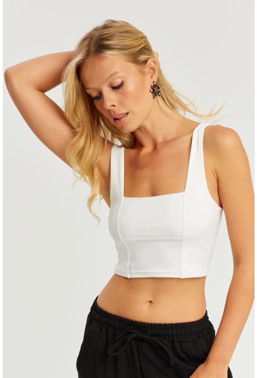 Kadın Beyaz Kare Yaka Crop Bluz CG348