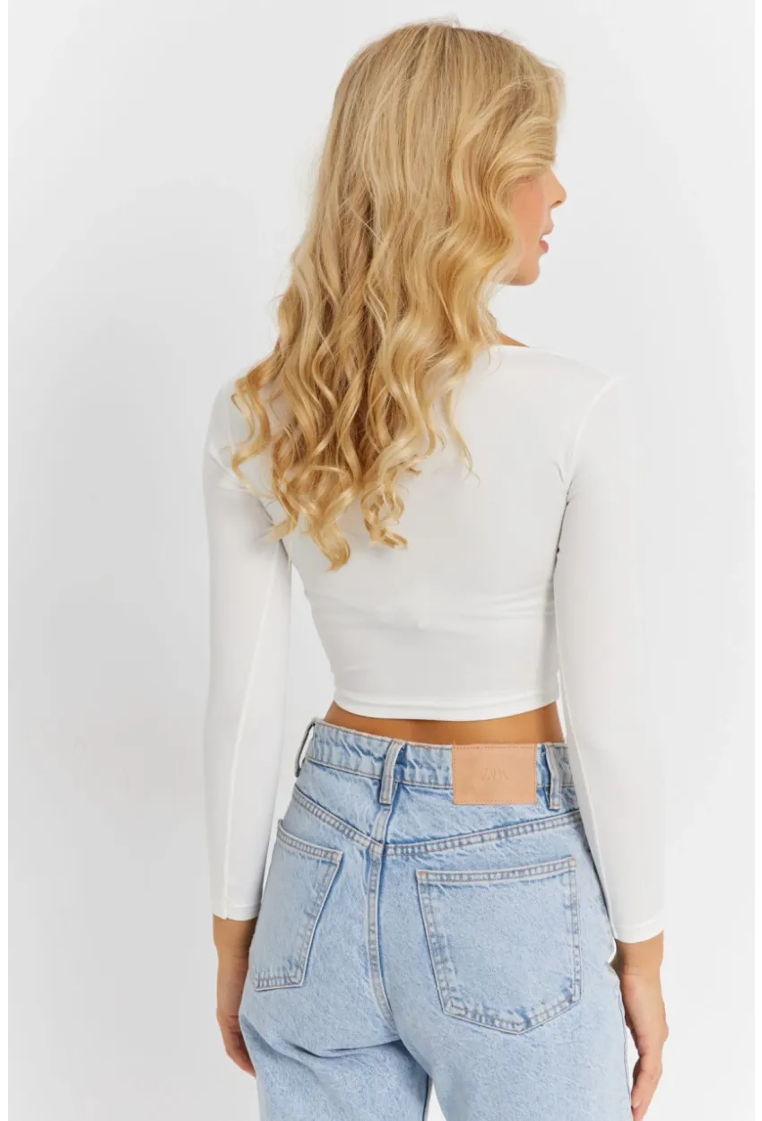 Kadın Beyaz Kare Yaka Crop Bluz CG362