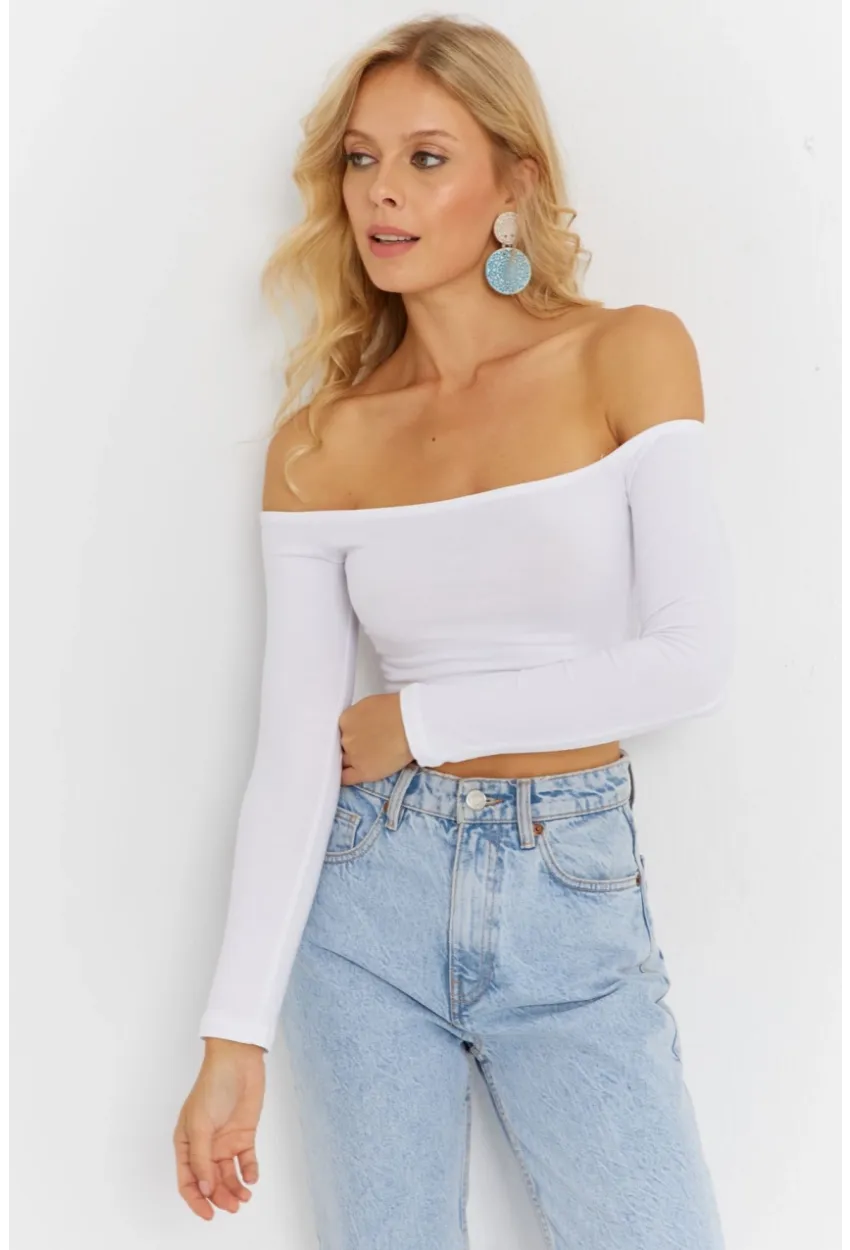 Kadın Beyaz Kare Yaka Crop Bluz CG364