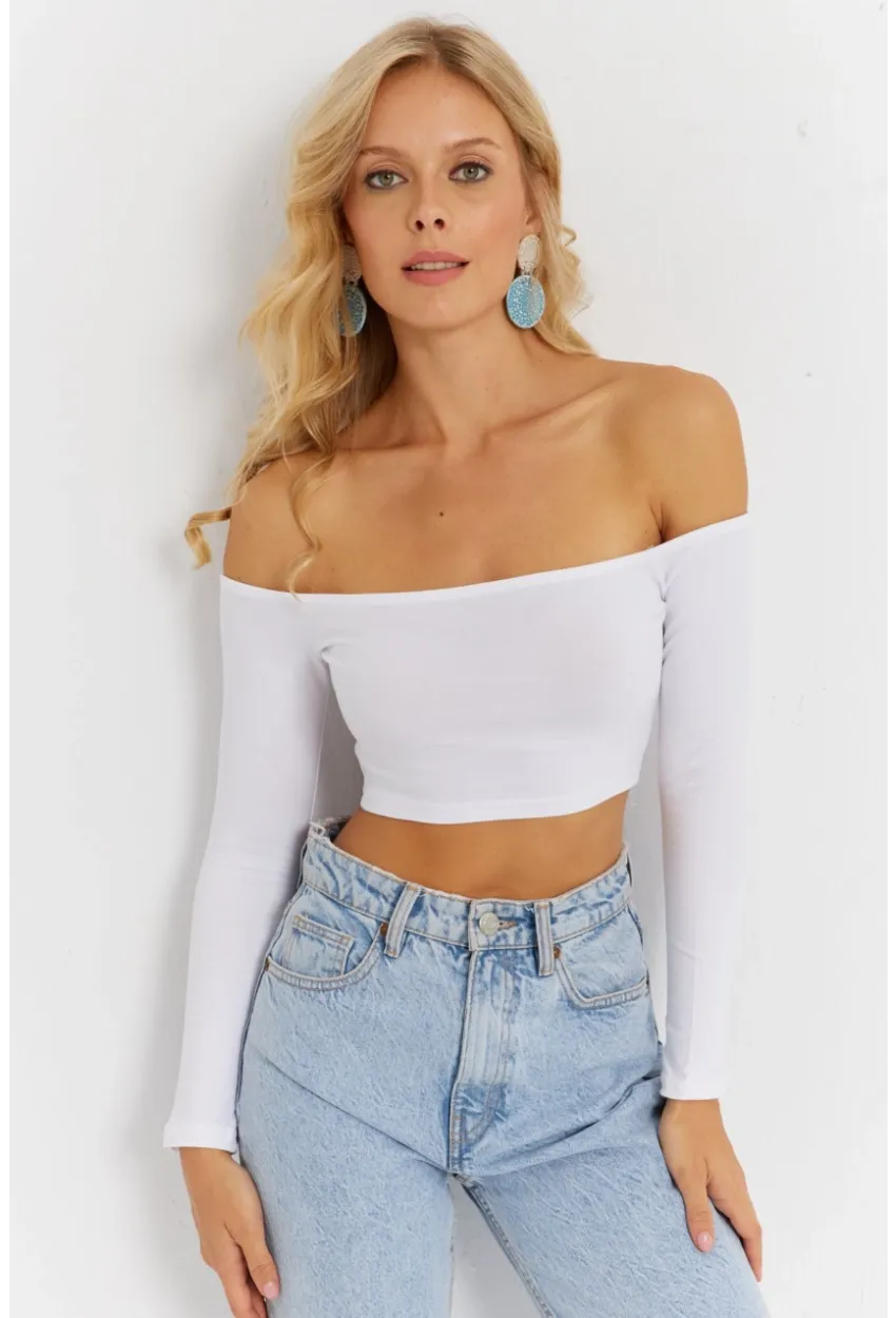 Kadın Beyaz Kare Yaka Crop Bluz CG364