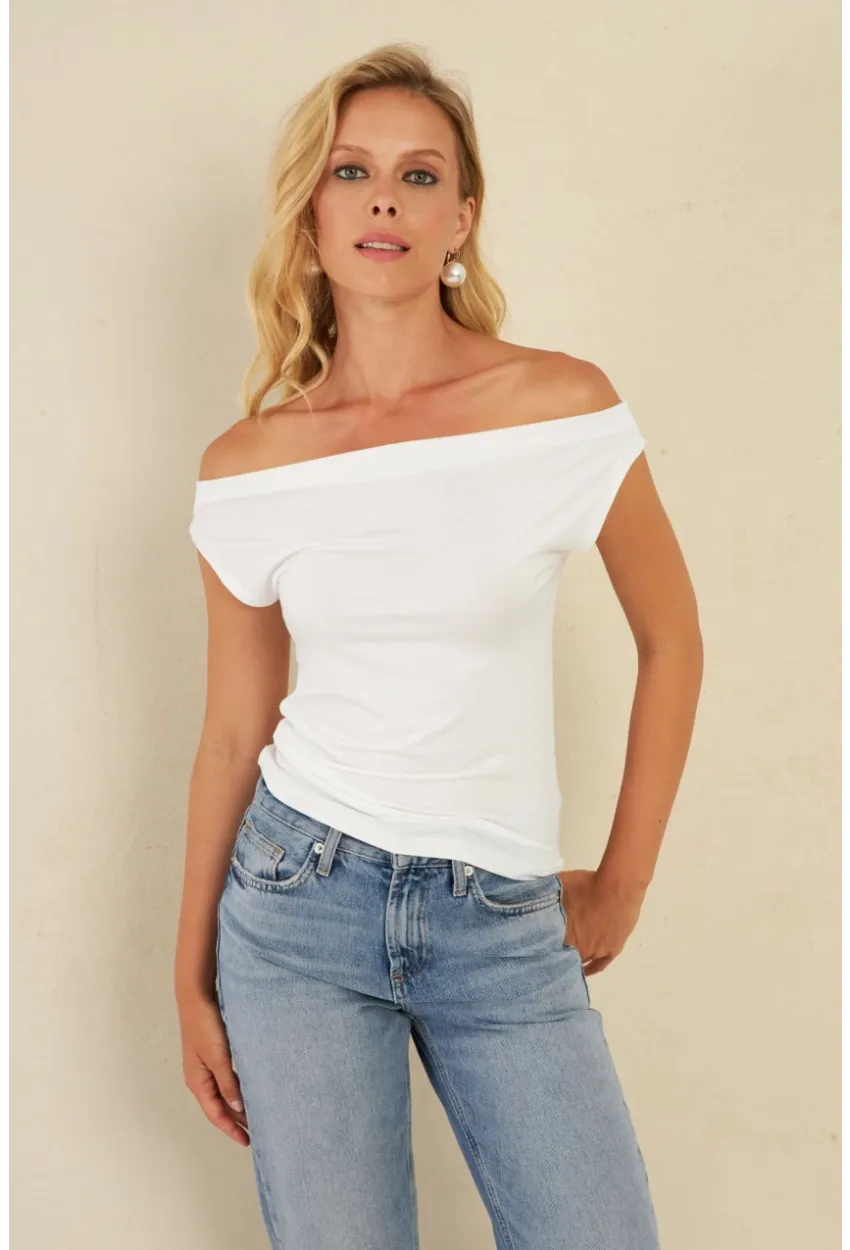 Kadın Beyaz Kayık Yaka Bluz LPP1288