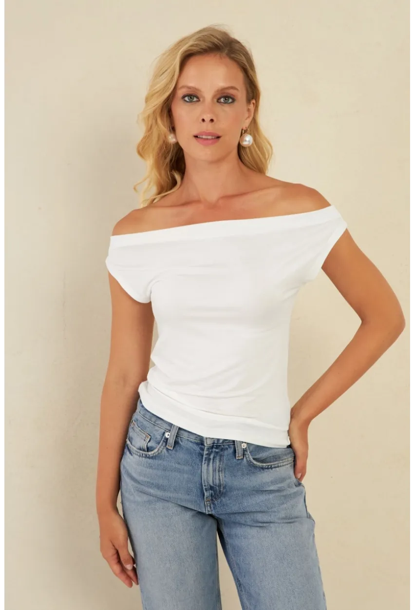 Kadın Beyaz Kayık Yaka Bluz LPP1288