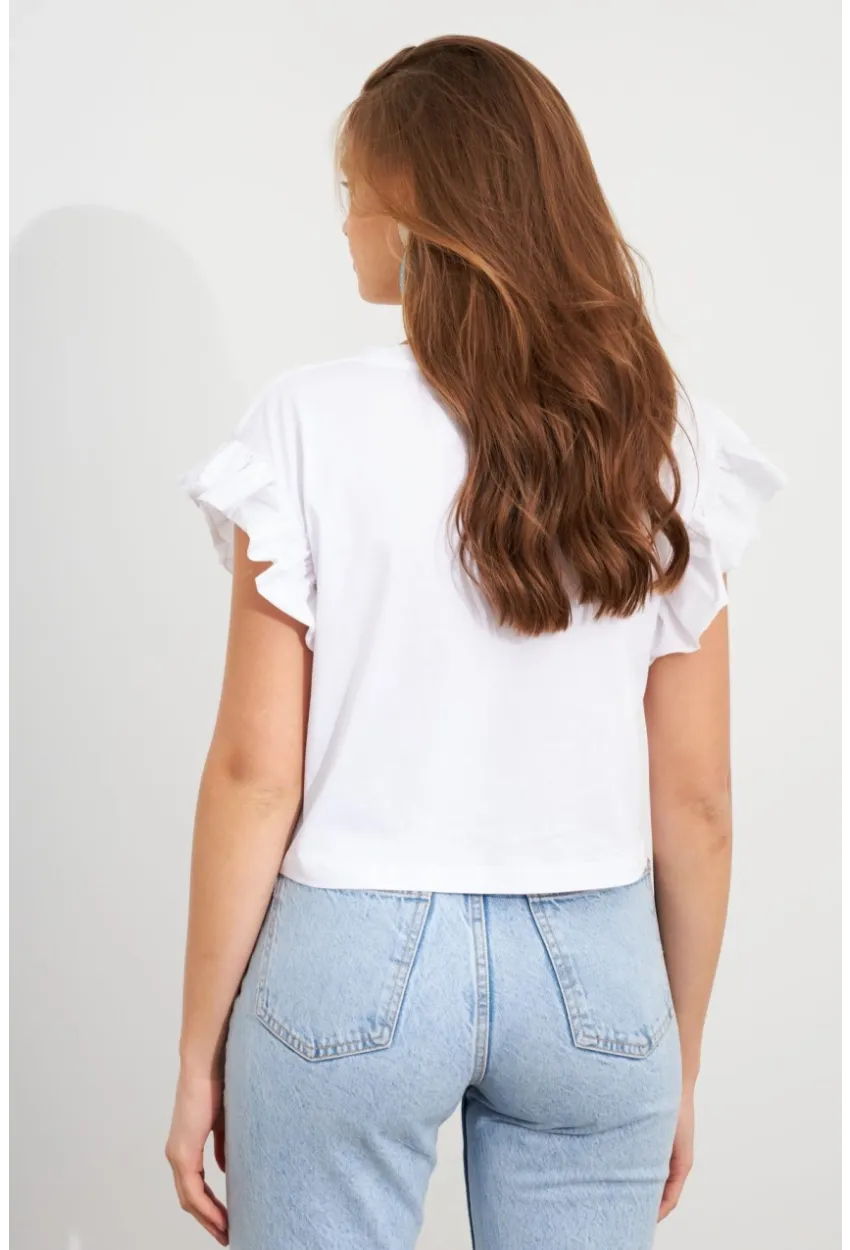 Kadın Beyaz Kolları Volanlı Crop T-Shirt SAN100