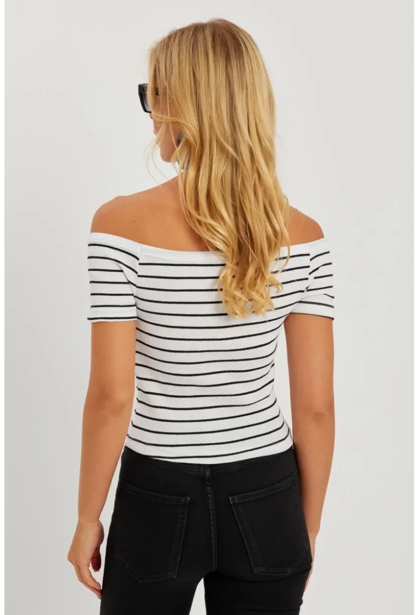Kadın Beyaz Madonna Yaka Çizgili Kaşkorse Bluz AYD311