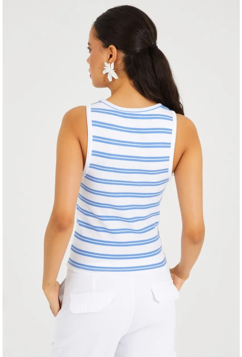 Kadın Beyaz-Mavi Çizgili Kaşkorse Bluz TSC126