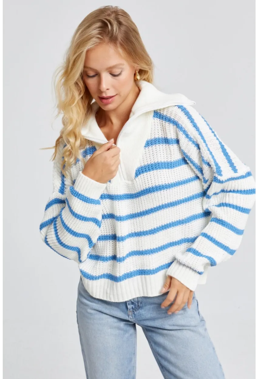 Kadın Beyaz-Mavi Fermuarlı Çizgili Kazak MSS133