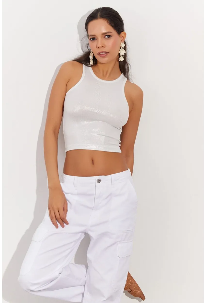 Kadın Beyaz Metalik Crop Bluz LPP1218