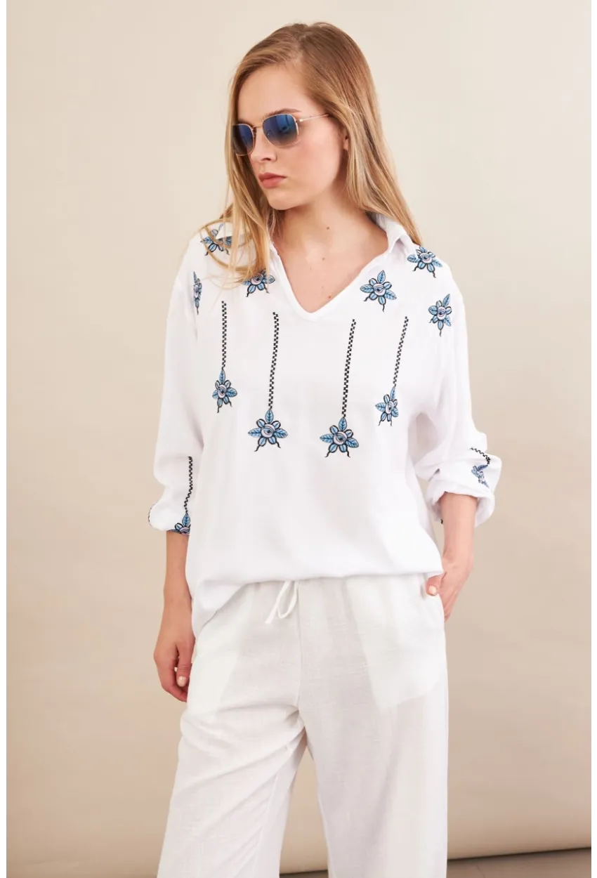 Kadın Beyaz Nakışlı Bluz MPC1345