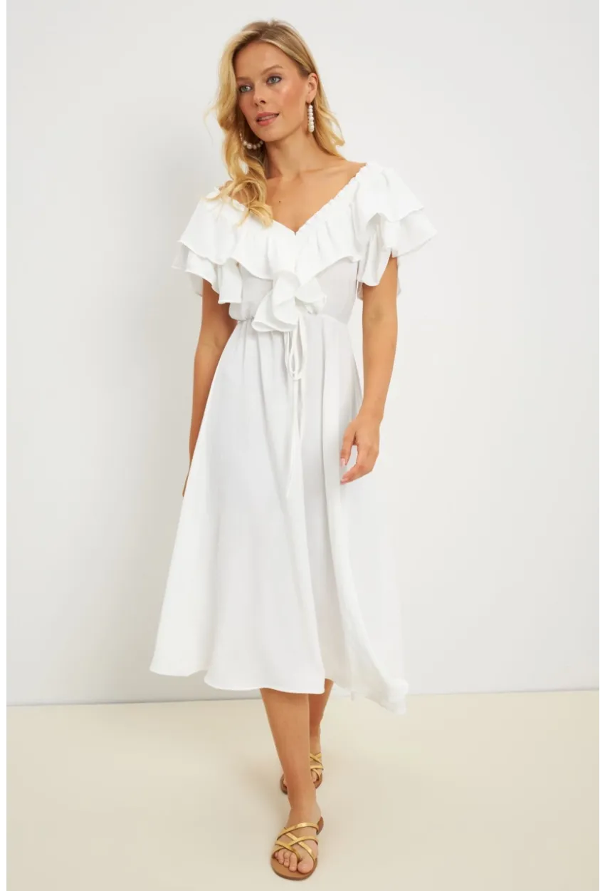 Kadın Beyaz Ön Arka V Volanlı Elbise KS113