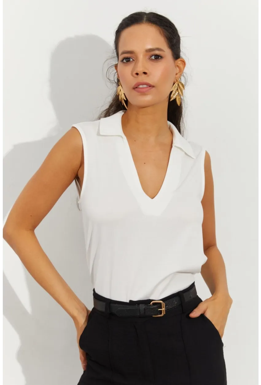 Kadın Beyaz Polo Yaka Bluz LPP1219